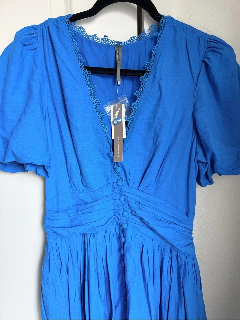 Anthropologie turquoise Blue Midi Dress with Lace Hem and V-Neck